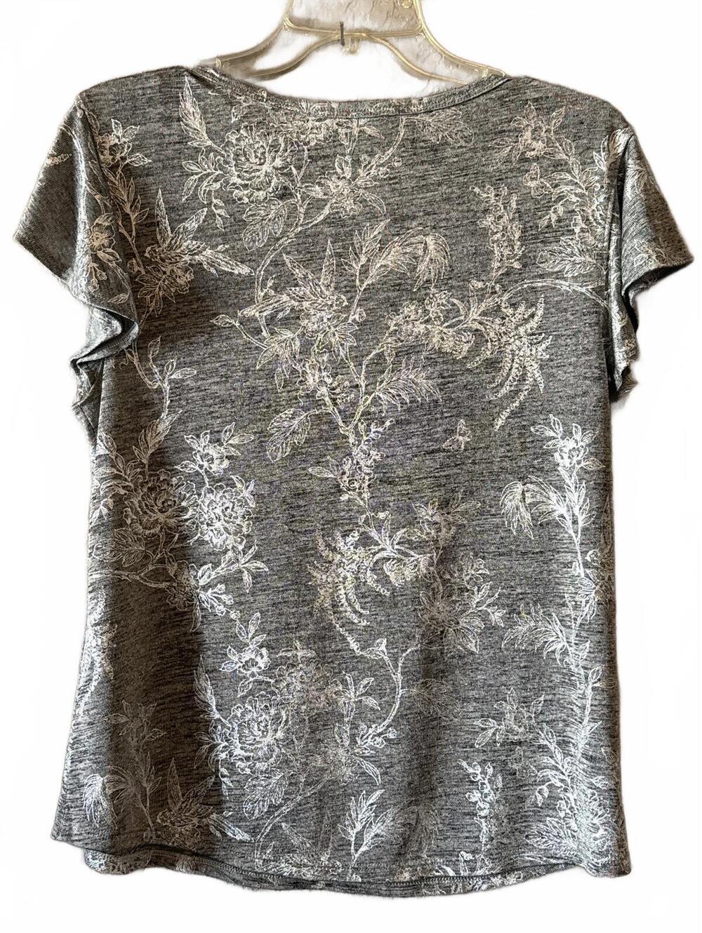 White House Black Market Gray Floral Print V-Neck Top Size L - Picture 4 of 7